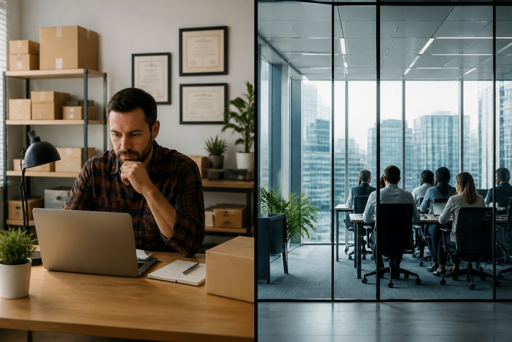 Small business owner reviewing automation metrics on a laptop at their desk in a modest office with visible business operations and framed certifications on the wall