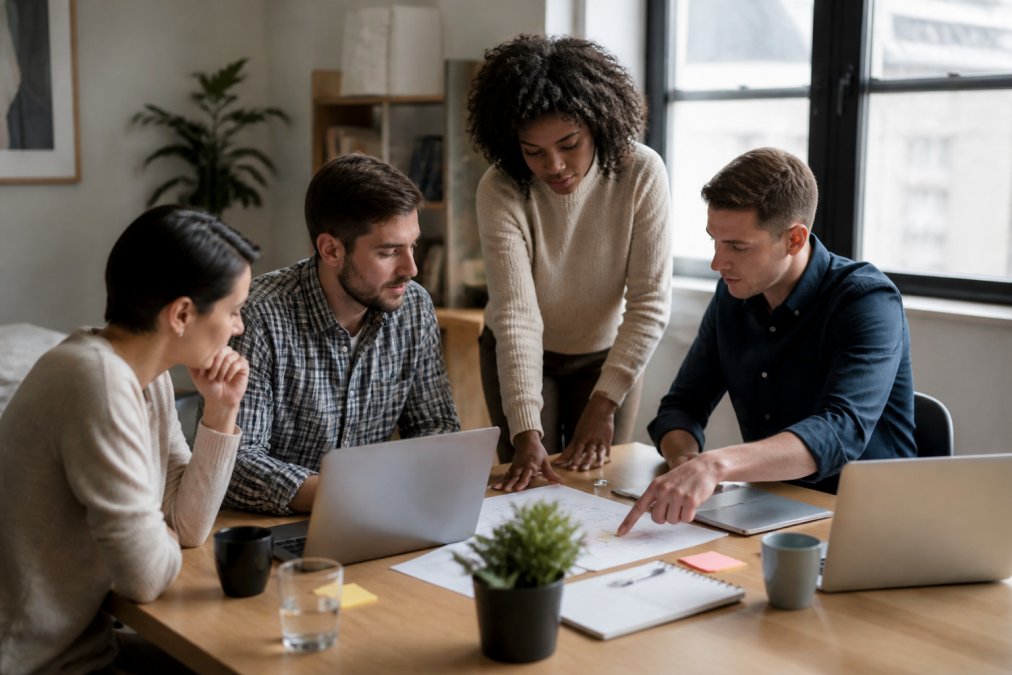 Team of professionals in a modern office collaborating around a table with laptops and strategy notes, natural lighting from windows
