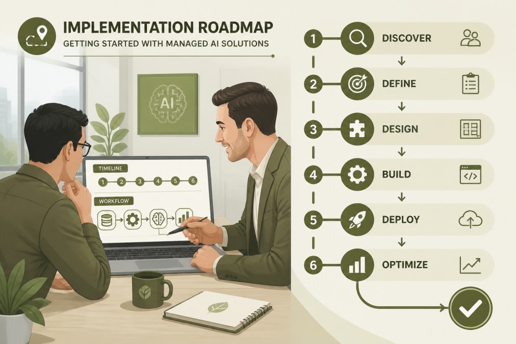 Business owner and AI consultant reviewing implementation timeline and workflow diagrams on a laptop in a modern office setting with natural lighting