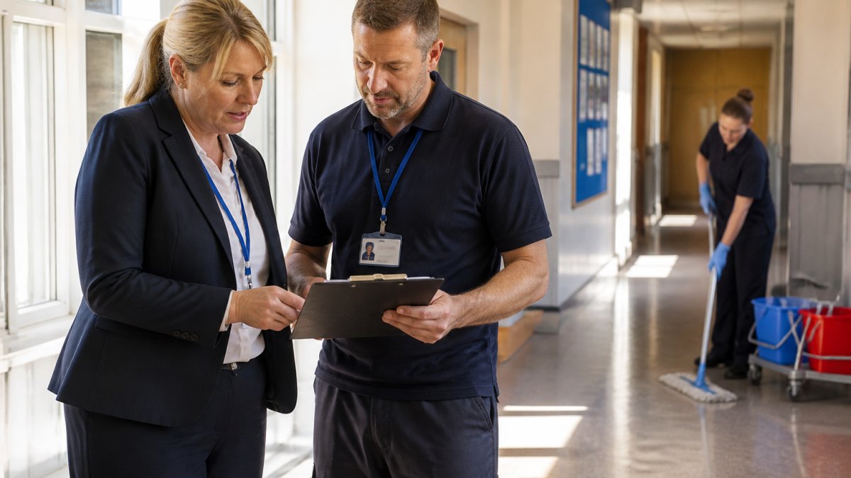 A school business manager and a facilities supervisor reviewing a printed cleaning schedule on a clipboard in a bright school corridor, a cleaner mopping the floor in the background, morning light through tall windows