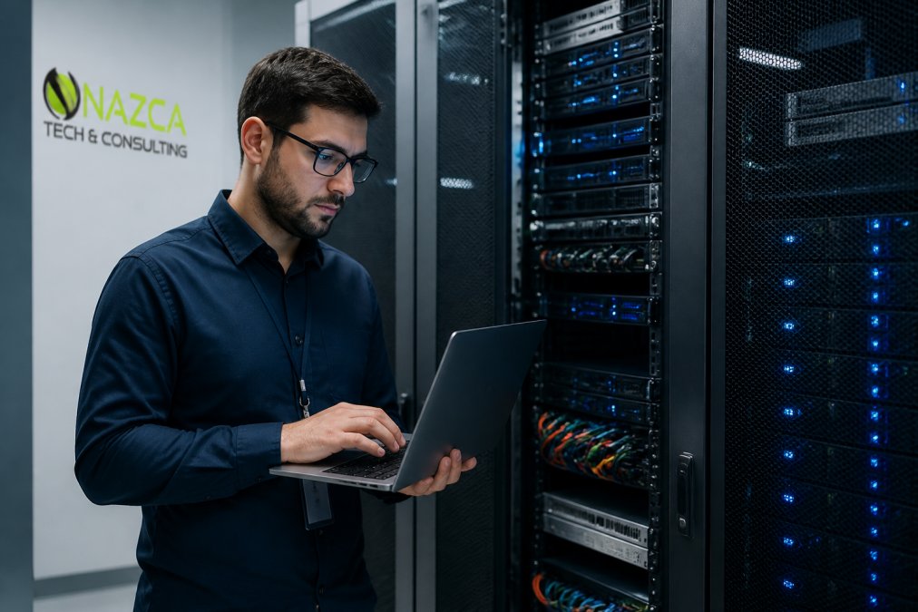 IT professional monitoring cloud infrastructure dashboards on multiple screens in a modern server room, with performance metrics visible and soft blue lighting