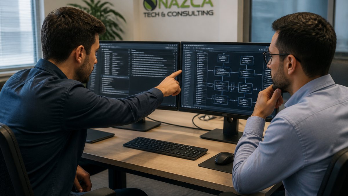 Two IT professionals reviewing cloud infrastructure dashboards on dual monitors in a modern office, one pointing at a server architecture diagram on screen