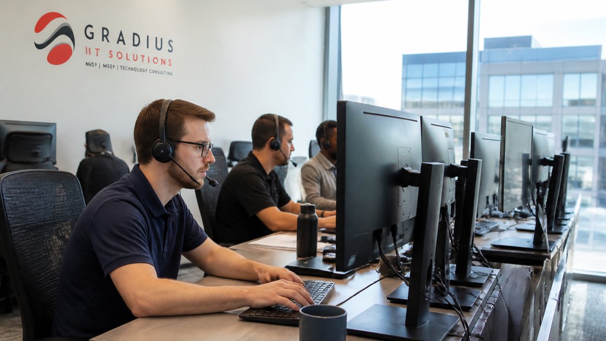 Professional IT operations team monitoring multiple screens displaying cloud infrastructure dashboards, servers, and network status in a modern control center with natural lighting
