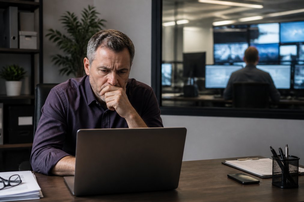 A small business owner looking at a laptop screen with a concerned expression in a modern, modestly-sized office, with a security operations center visible in the background through a window