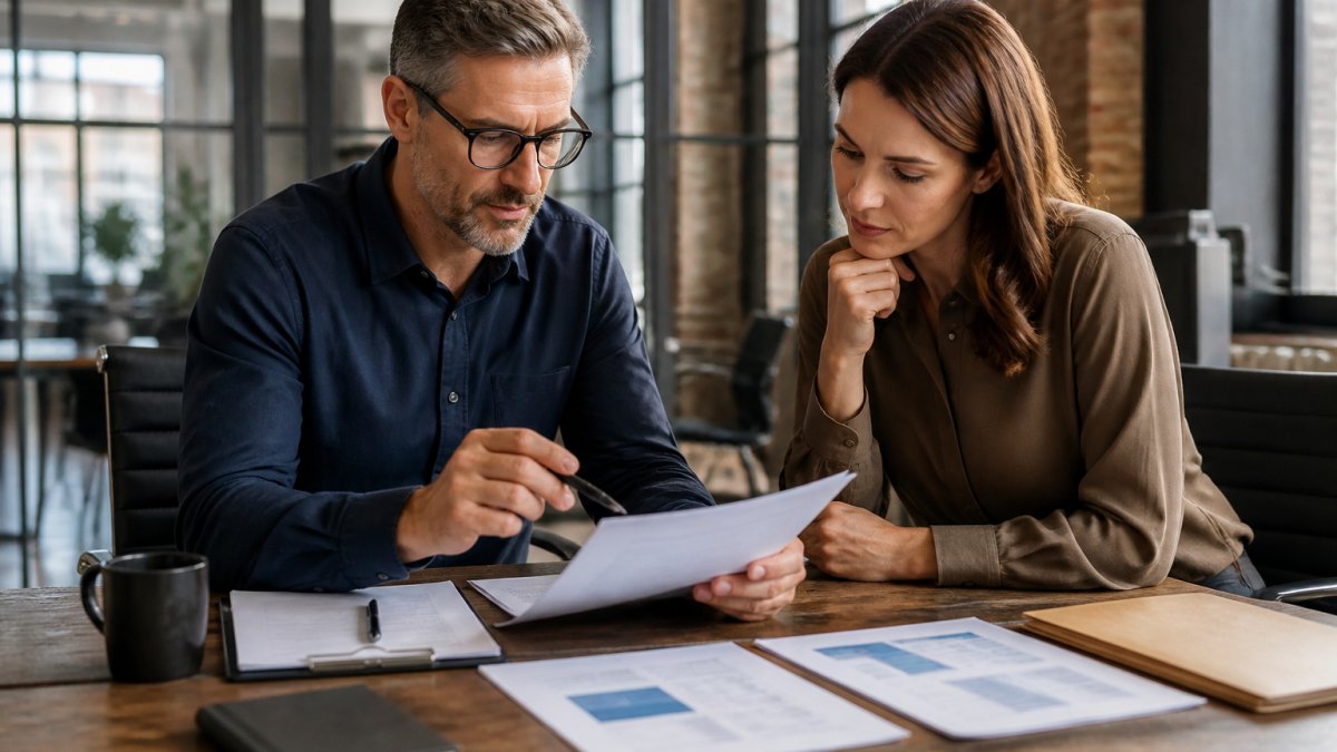 Business owner and IT consultant reviewing security documentation and discussing managed cybersecurity strategy at desk in professional office with natural lighting
