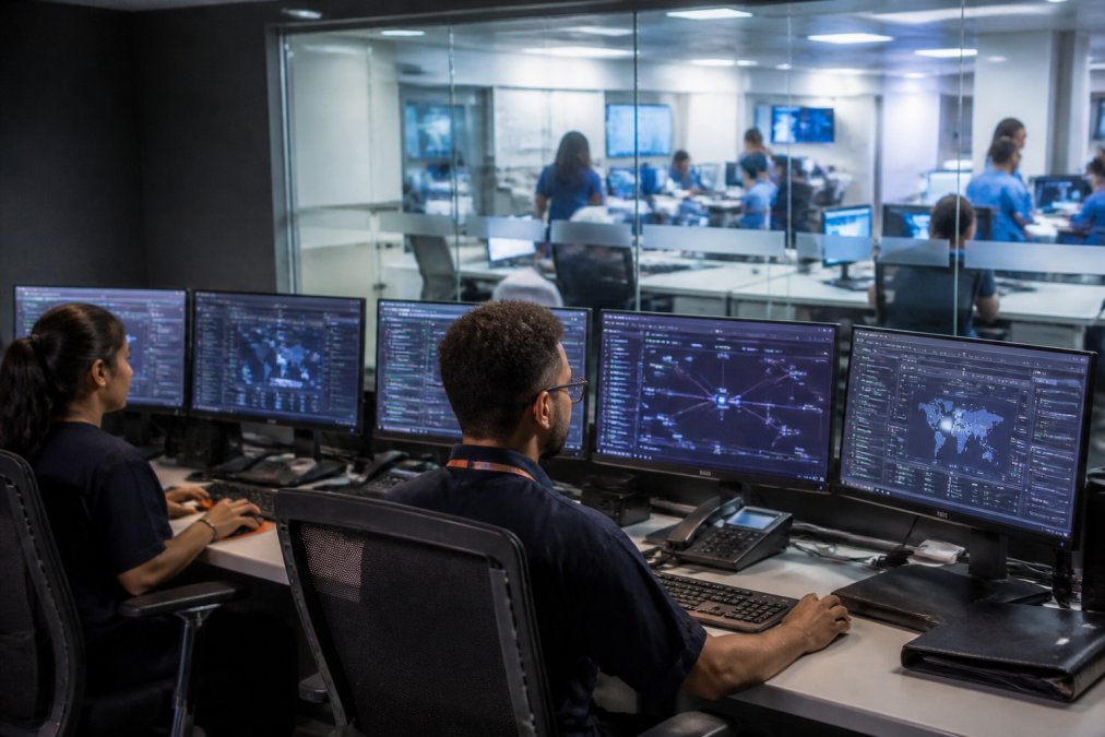 Healthcare IT security team monitoring multiple screens in a modern SOC environment, with clinical staff visible in the background working at hospital workstations, analyzing real-time threat alerts and network activity