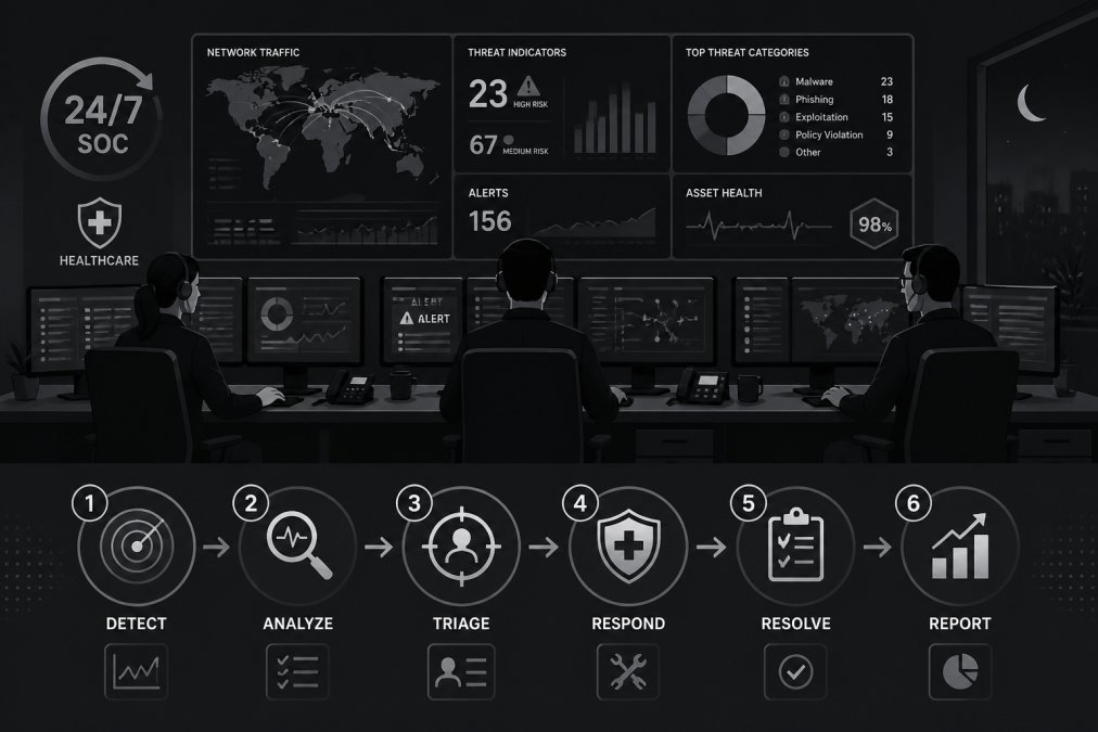 Security operations center at night with analysts reviewing alerts on large displays, demonstrating 24/7 monitoring and threat detection workflow, with multiple screens showing network traffic and threat indicators