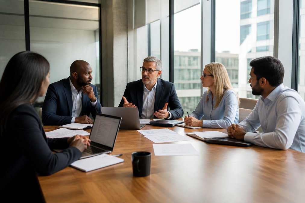 CISO and IT leadership team in a conference room discussing security strategy with laptops and documents on the table, natural lighting from large windows, diverse team engaged in decision-making