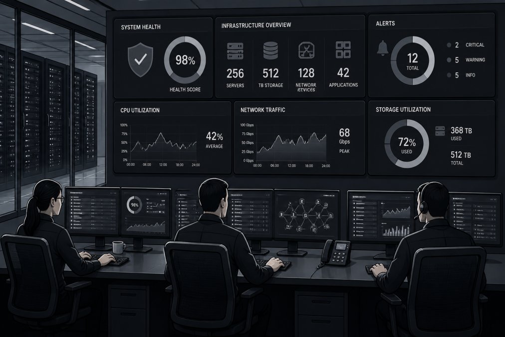 IT operations team monitoring multiple server displays and network infrastructure in a modern data center control room with blue ambient lighting and wall-mounted screens showing real-time metrics