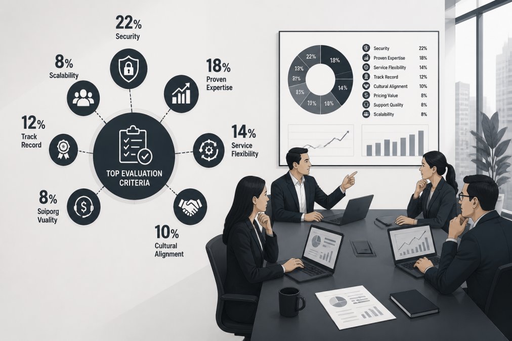 Business leaders and IT directors in a modern conference room discussing infrastructure strategy with laptops and documentation visible on the table, natural window lighting