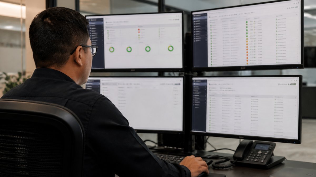 IT professional monitoring network health dashboards used by managed IT companies to track system performance