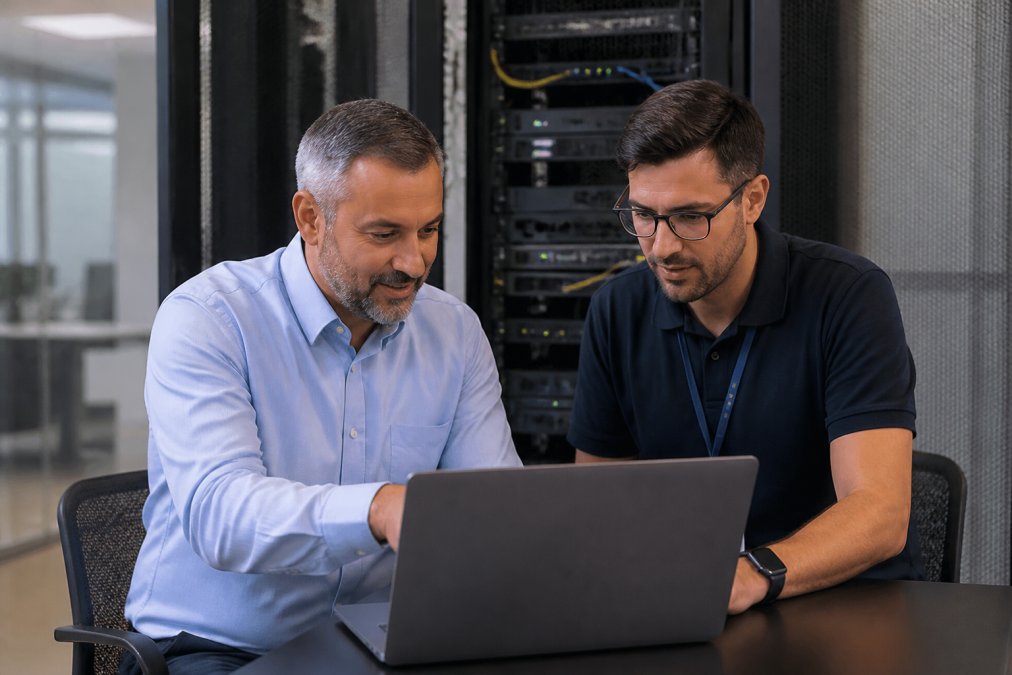 Small business owner and IT consultant reviewing managed IT services on a laptop in a modern office