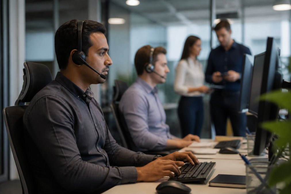 IT support technician at a modern help desk with multiple monitors displaying ticket queues and system dashboards, collaborating with team members in the background during busy support hours