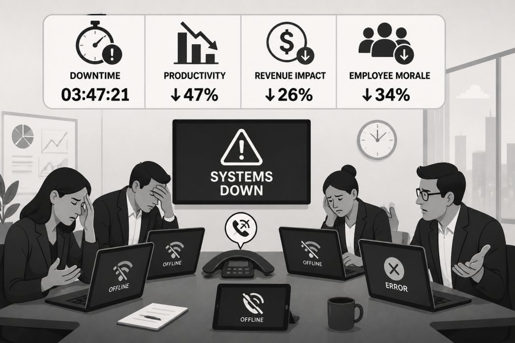 Business team experiencing frustration in a conference room with computers offline and systems down, showing the real-world impact of IT downtime on operations and productivity