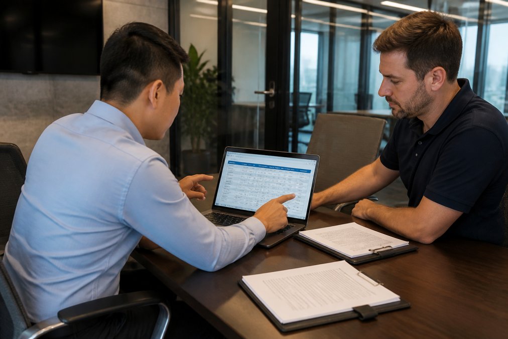 An IT manager and a managed service provider representative reviewing a pricing comparison table on a laptop in a modern office conference room, with printed service agreements nearby