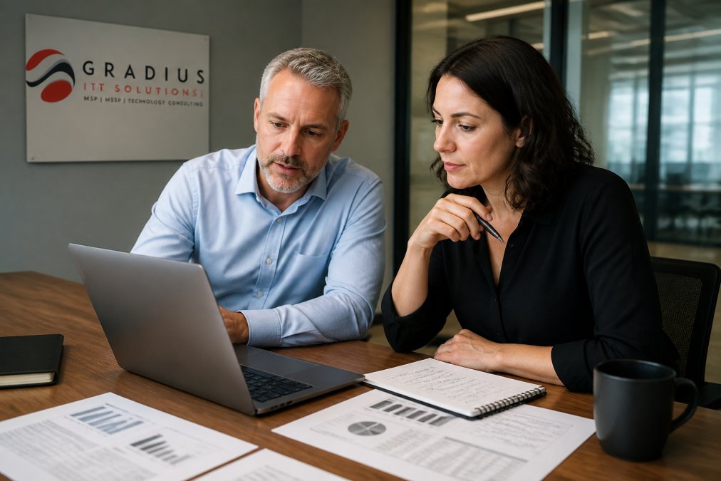 IT manager and provider reviewing performance data to meet managed IT service level agreement requirements