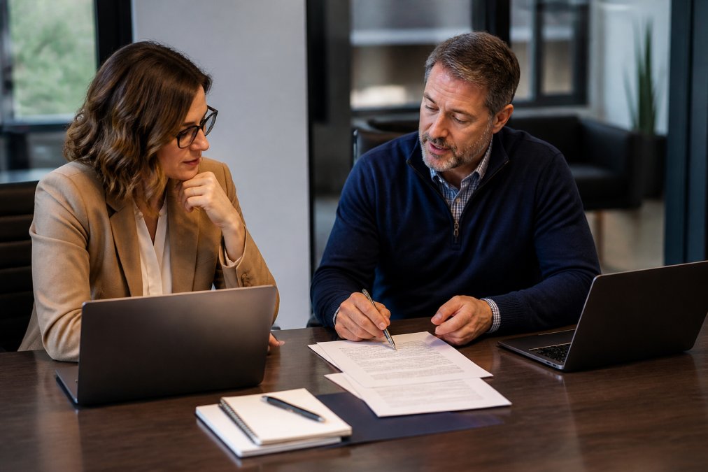 Business owner and IT manager reviewing service documents and discussing support terms at a conference table with laptops, notepads, and contract papers visible under professional office lighting