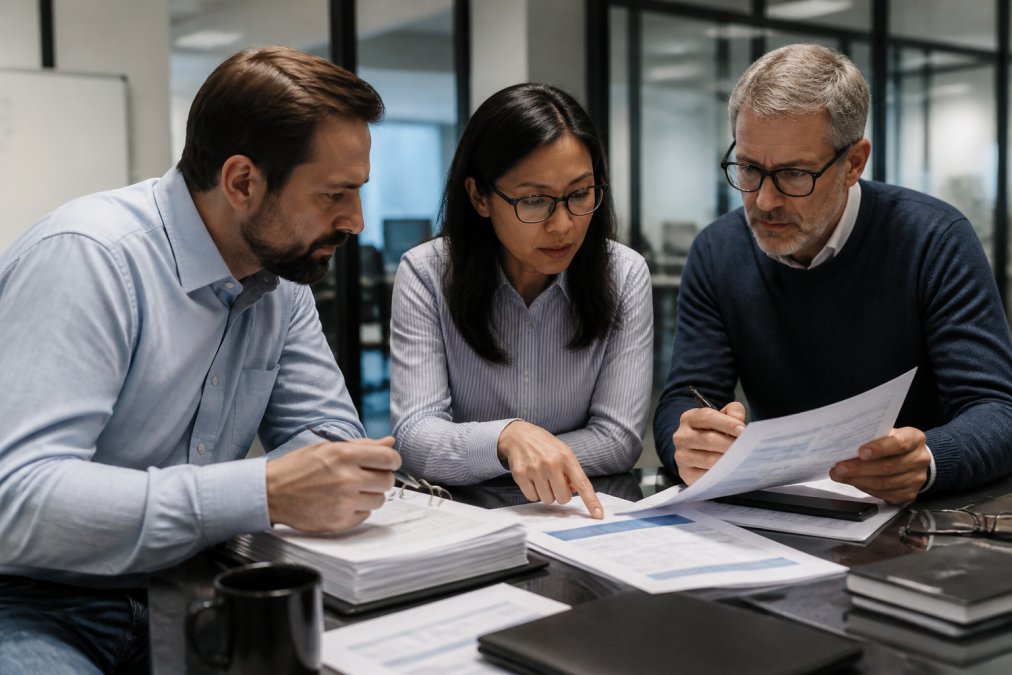 Team members in modern office environment reviewing compliance documentation and security protocols on multiple monitors and printed materials with focused concentration