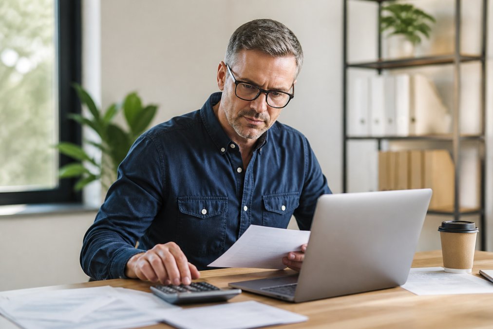 Managed IT Services Cost: A 2026 Pricing Guide 1 Business owner analyzing a managed IT services cost spreadsheet on a laptop at a desk with a calculator