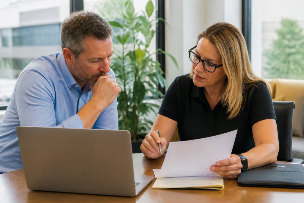 A small business owner and an IT consultant reviewing a laptop and printed cost breakdown across a desk in a bright modern Australian office, both leaning in to compare figures