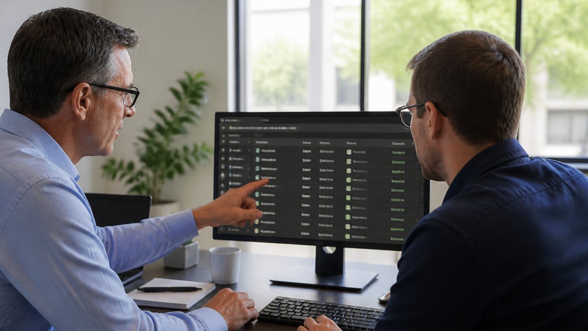 Business owner and IT consultant reviewing network monitoring dashboards on computer screen in modern office setting with natural lighting