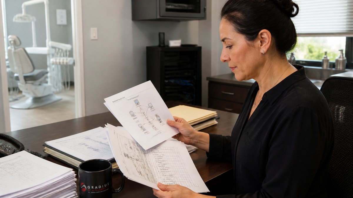 Professional dental practice manager reviewing network infrastructure documentation and technology inventory on a desk with multiple monitors visible in the background