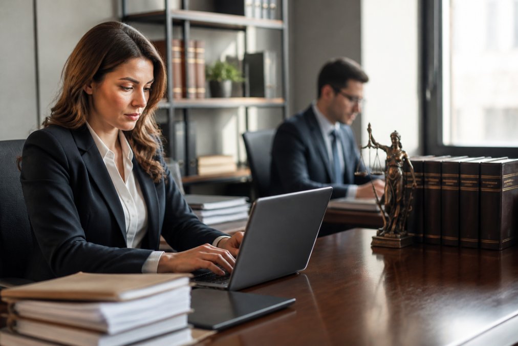 Legal professional reviewing case files on a laptop with a secure cloud dashboard supported by managed IT services.