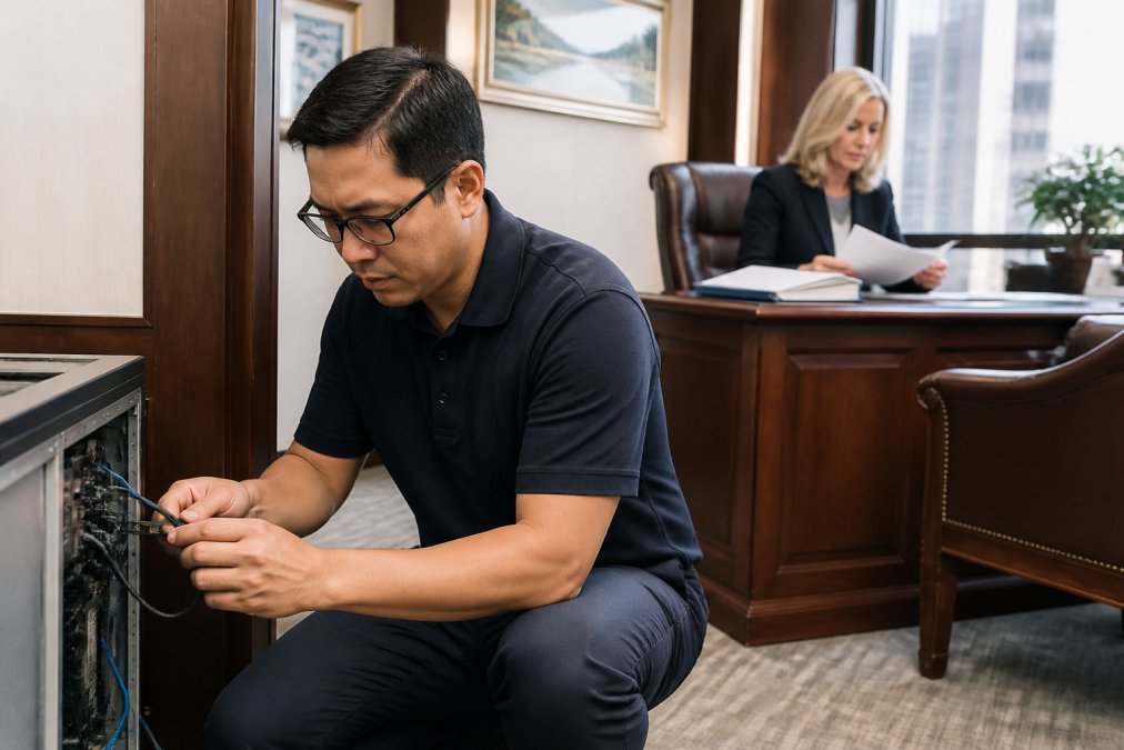 A professional IT technician in a modern law office, calmly troubleshooting a workstation while a lawyer reviews documents in the background