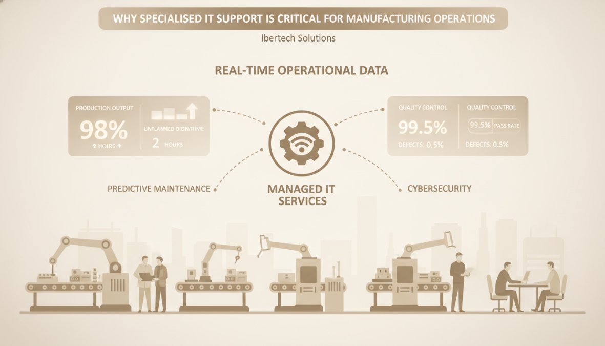 Manufacturing facility floor with workers monitoring production equipment and digital displays showing real-time operational data in a modern industrial setting