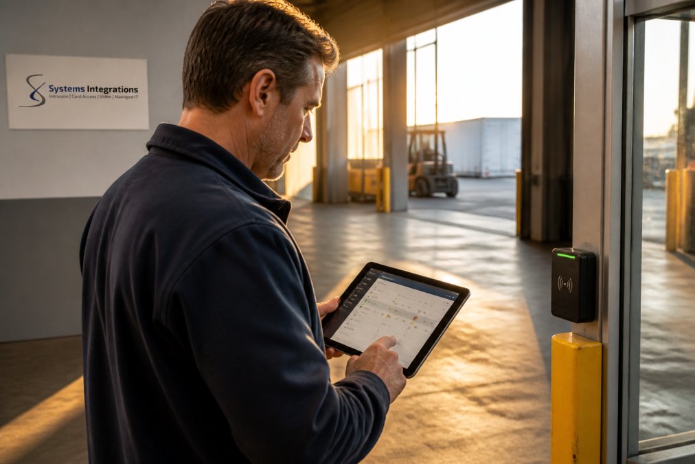 Facility manager checking an integrated security dashboard near a plant entrance for managed IT services for manufacturing