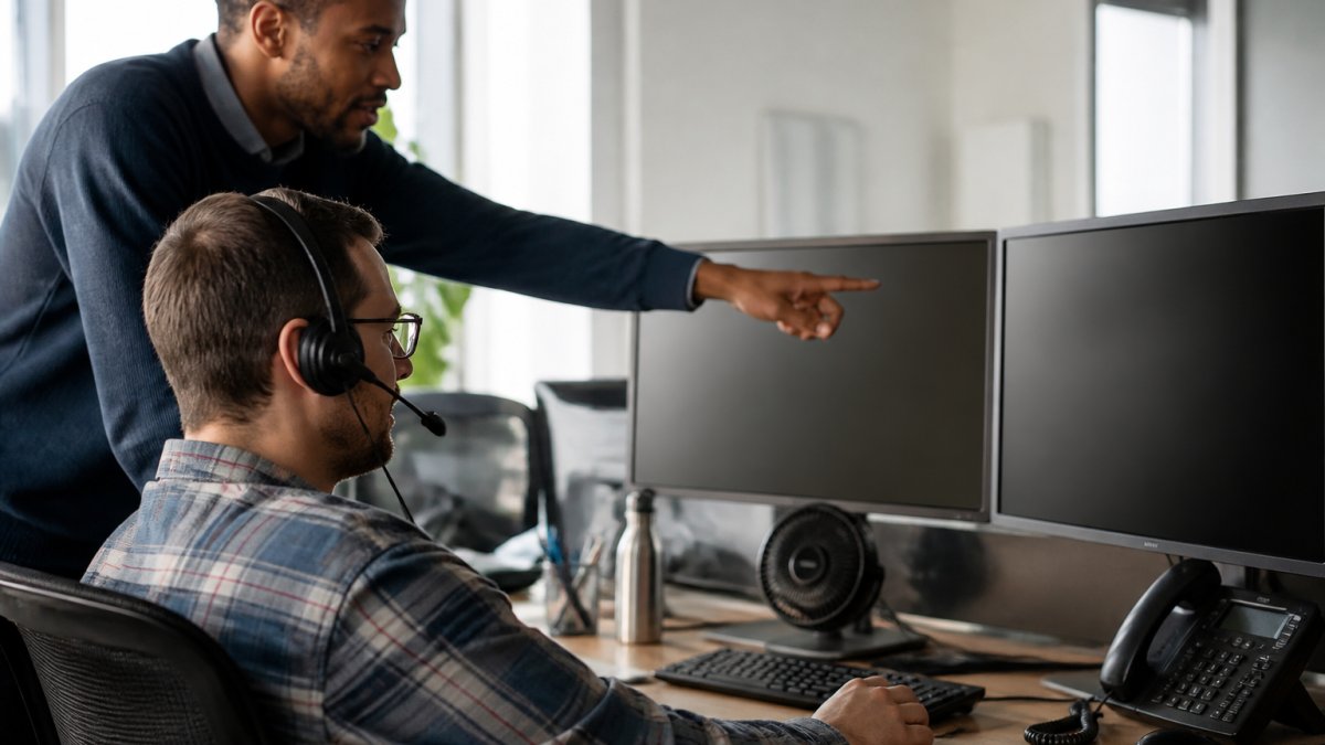 IT support specialists monitoring live network data for managed IT services in a modern office