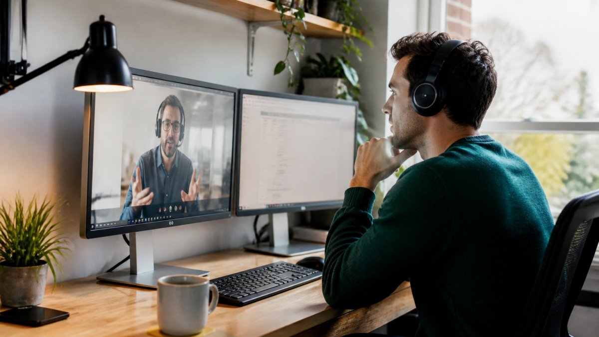 Remote employee at home office on video call with IT support technician, dual monitors visible with help desk ticket system open, natural window lighting