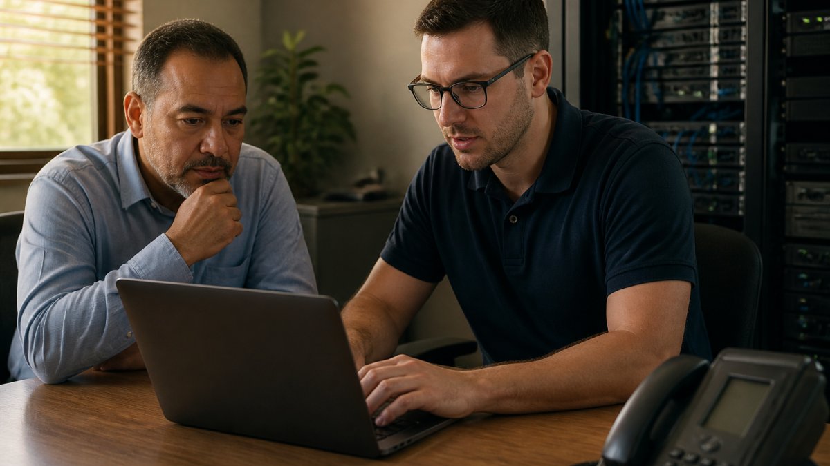A small business owner and an IT technician reviewing a network dashboard on a laptop in a modest office, servers visible in the background, warm afternoon light