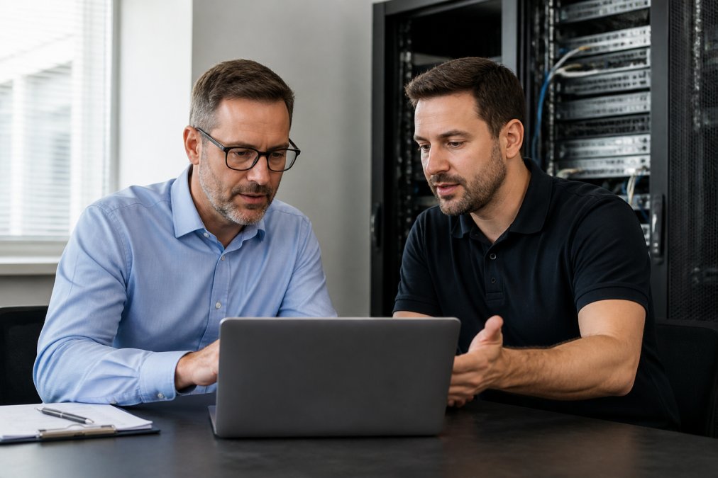 Small business owner and IT consultant reviewing managed IT services on a laptop in a bright server office