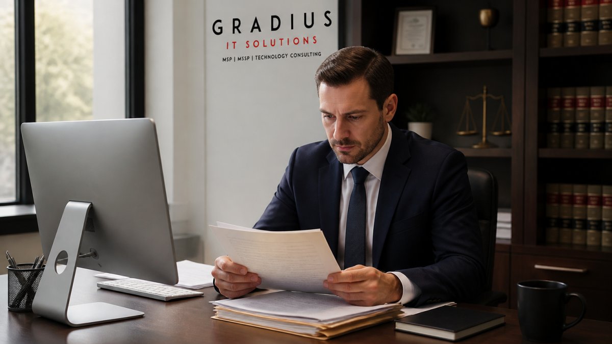 Professional in modern law office reviewing case files on computer with organized workspace and natural lighting