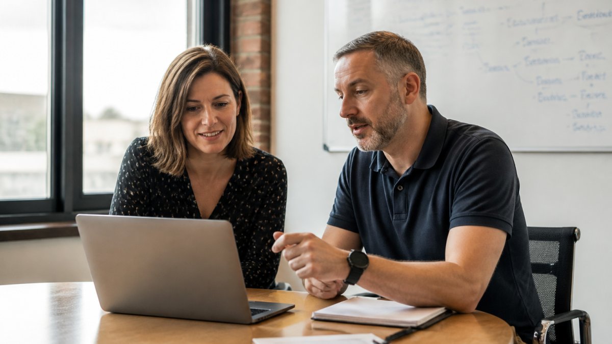 A small business owner and an IT consultant reviewing a service agreement on a laptop in a bright meeting room, with a whiteboard of system notes behind them