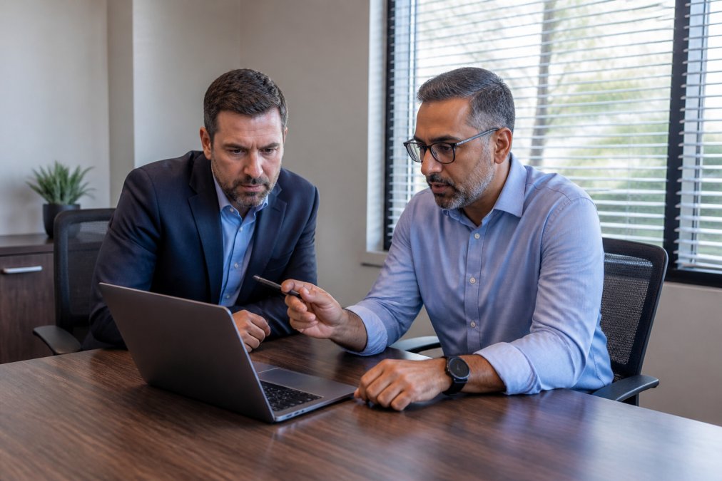 Business owner and consultant reviewing a managed it services pricing comparison chart on a laptop