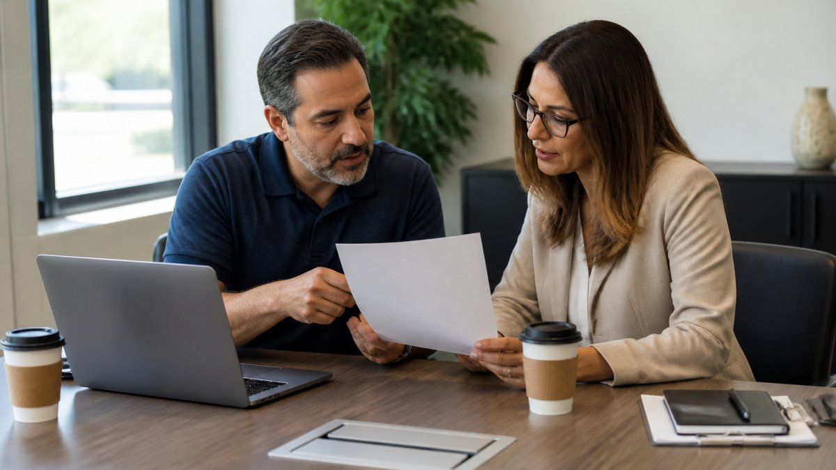 A small business owner and an IT consultant reviewing a printed cost summary at a conference table in a bright office, laptop and coffee cups on the table, both looking at the document