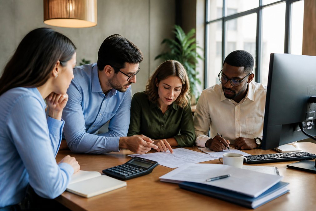 Business team in modern office reviewing IT infrastructure costs on desktop monitor, team members pointing at spreadsheet with IT service line items, natural office lighting