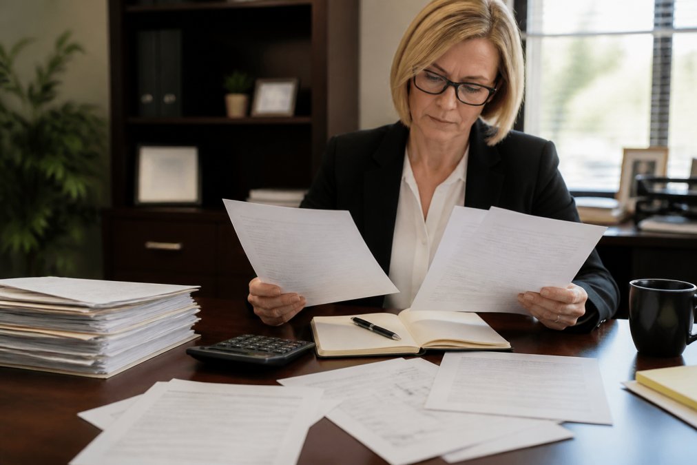 Finance manager at desk reviewing multiple MSP pricing proposals and contracts, calculator and notepad visible, analytical expression, natural office lighting