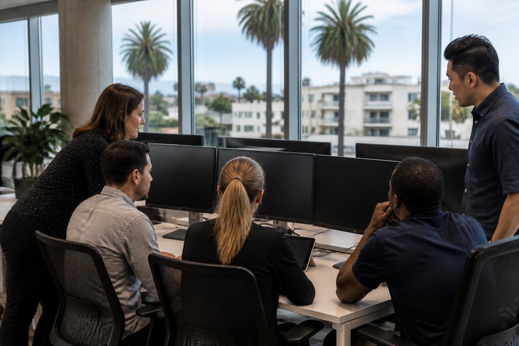 A diverse team of IT professionals collaborating in a modern Santa Monica office, reviewing network dashboards on large monitors with natural light through floor-to-ceiling windows