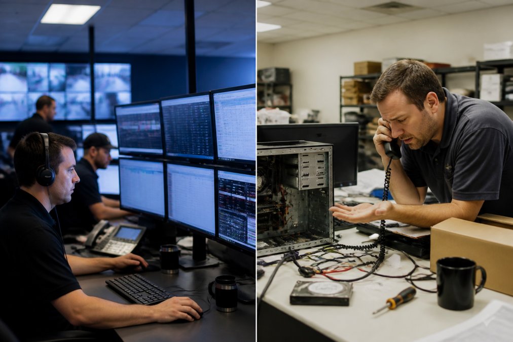 IT technician monitoring multiple screens displaying network dashboards with real-time alerts, sitting at a control center desk with colleagues reviewing data in the background under fluorescent lighting