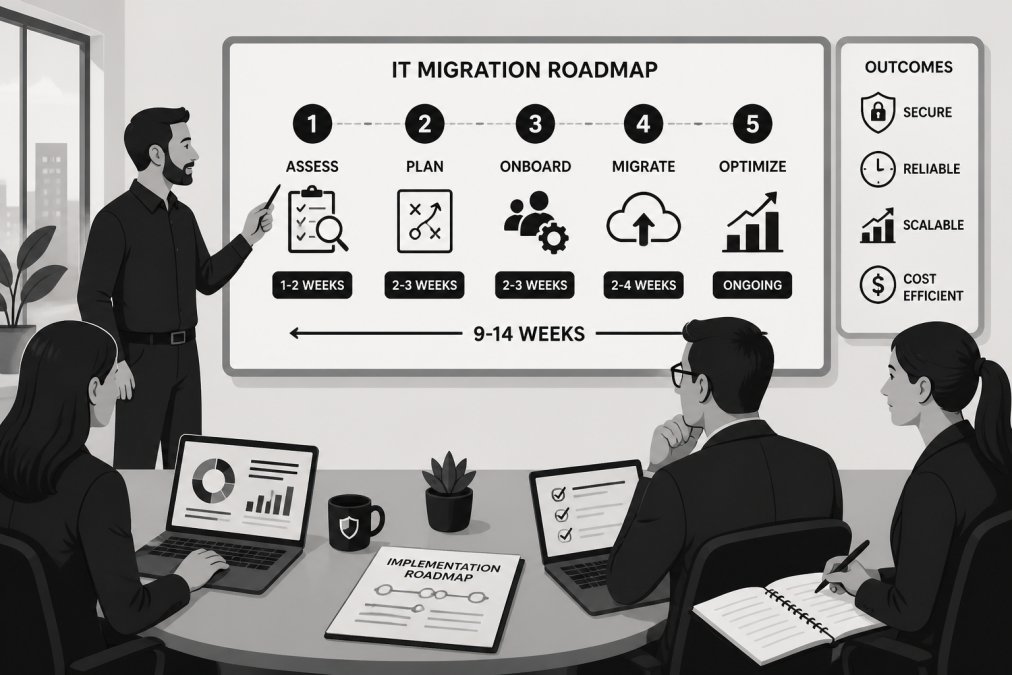 Business team in conference room with IT manager pointing to IT migration timeline on whiteboard, colleagues reviewing implementation roadmap with laptops and documentation visible