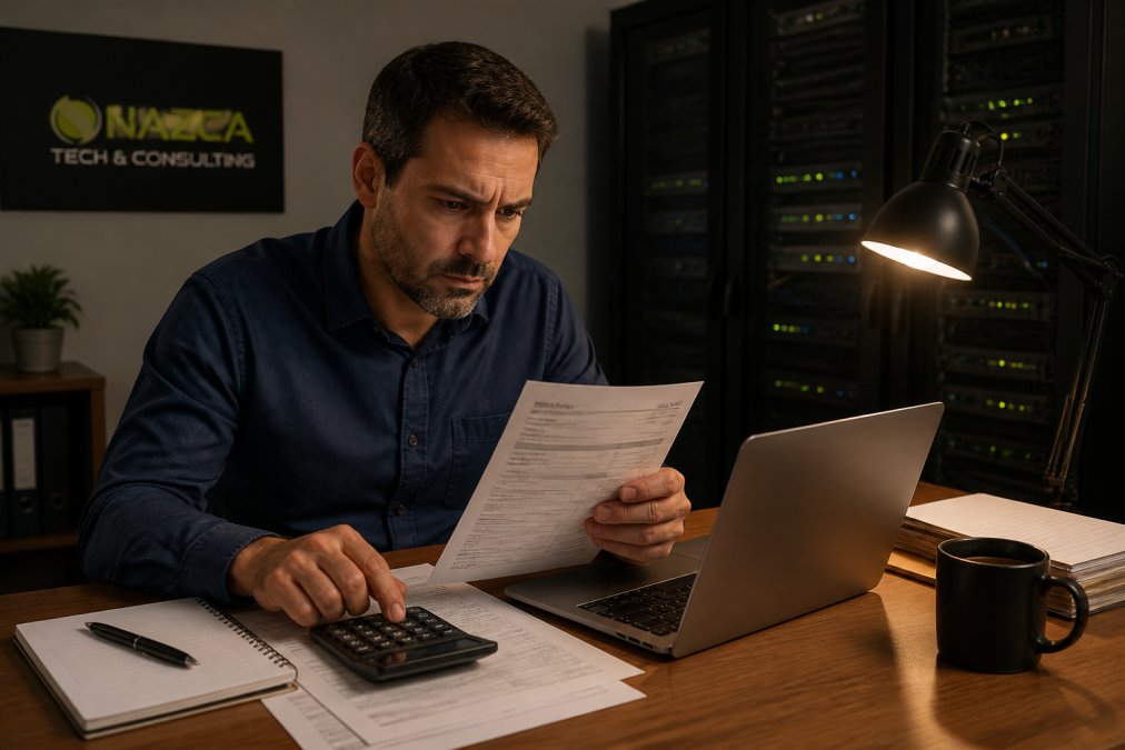 Small business owner reviewing an expensive IT repair invoice, highlighting the need for managed IT services.