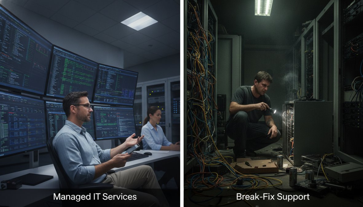 Side-by-side comparison of technician and monitoring and multiple concepts for managed IT services vs break fix support