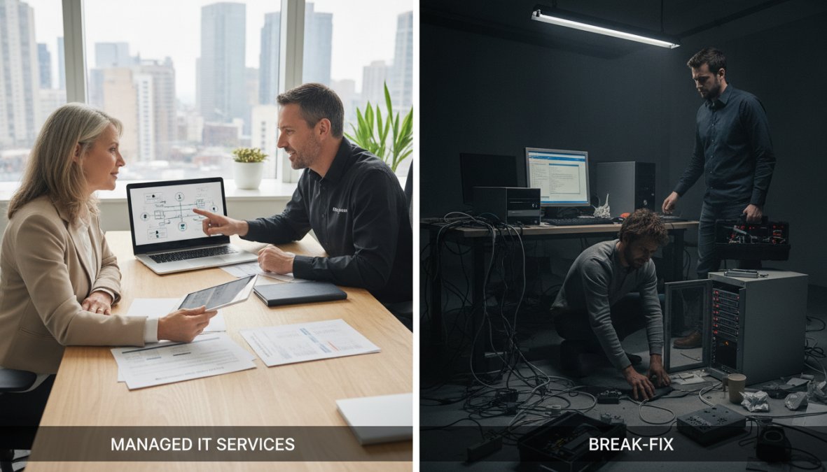 A [small business](/small-business-it-solutions) owner and an IT support professional sitting together at a desk reviewing printed documents and a laptop screen, engaged in a focused consultative conversation in a bright modern office