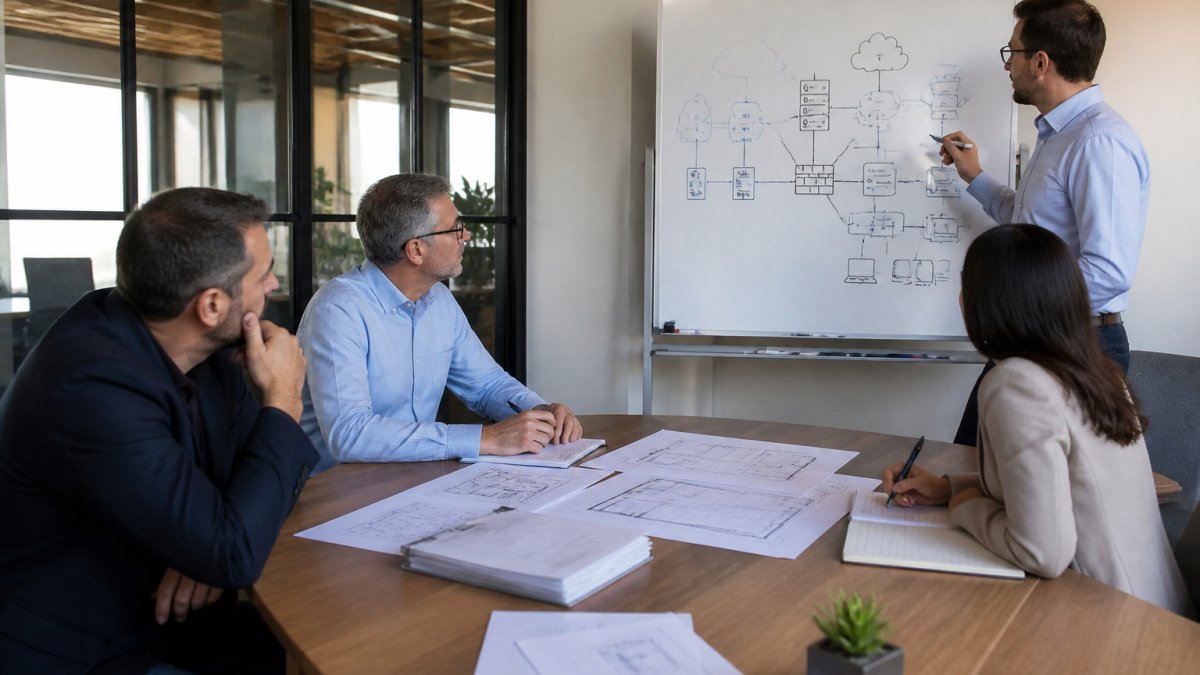 Business team discussing IT infrastructure and strategy in a conference room while weighing managed IT services vs in-house.