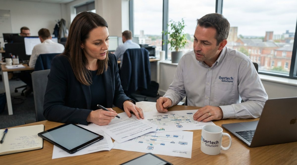 A business owner and IT support technician reviewing IT strategy documents together in a modern office, shaking hands after a consultation meeting
