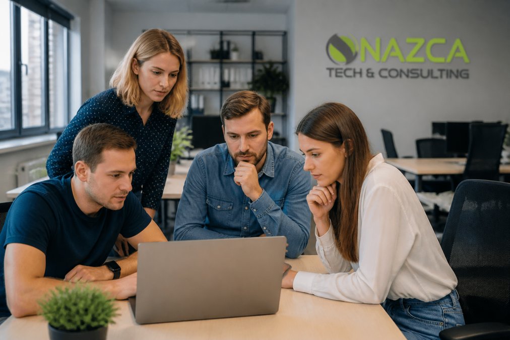 Young startup team gathered around a laptop in a modern office, reviewing network security alerts on screen with focused expressions and collaborative energy