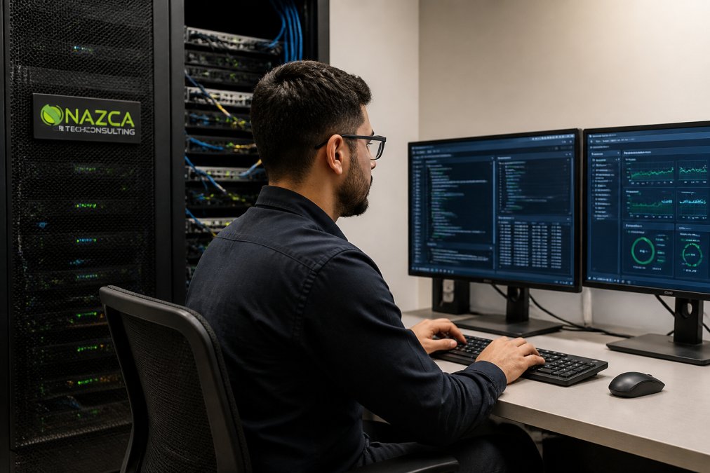 IT technician working at a desk with multiple monitors displaying system dashboards, network infrastructure, and monitoring tools in a professional setting with focused attention